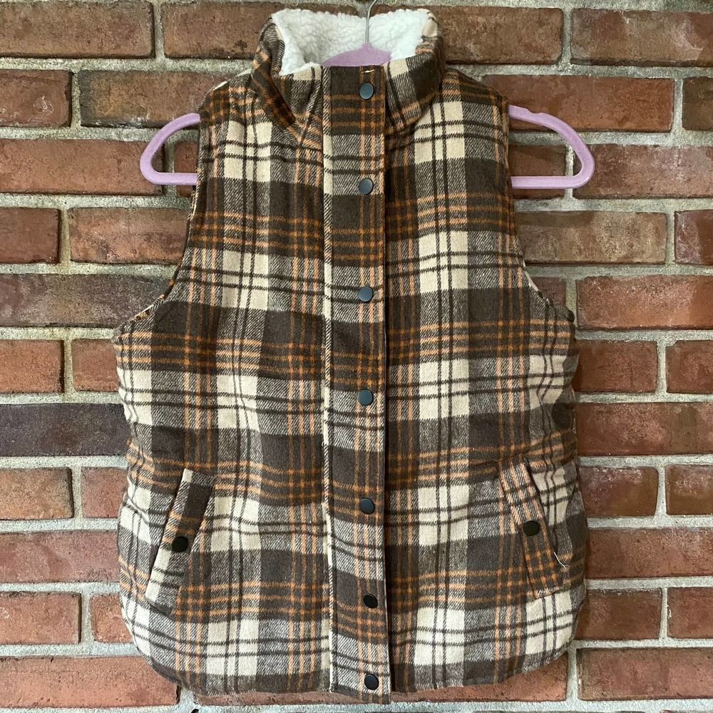 Zilcremo Fleece Full Zipper and Snap Plaid Vest Khaki Brown Medium